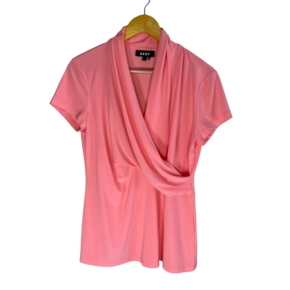 DKNY Womens Coral Pink Draped Wrap Front Shawl Collar Blouse Top Large